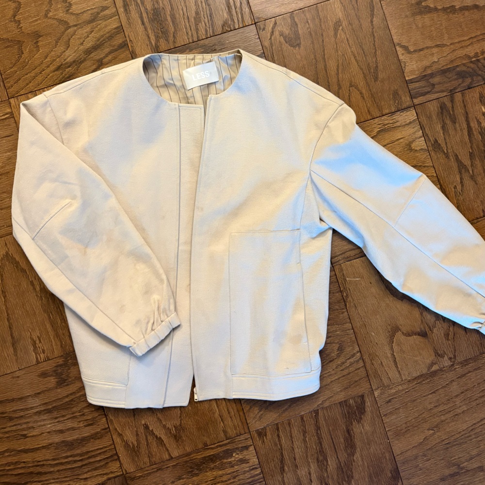 Cream Collarless Bomber Jacket